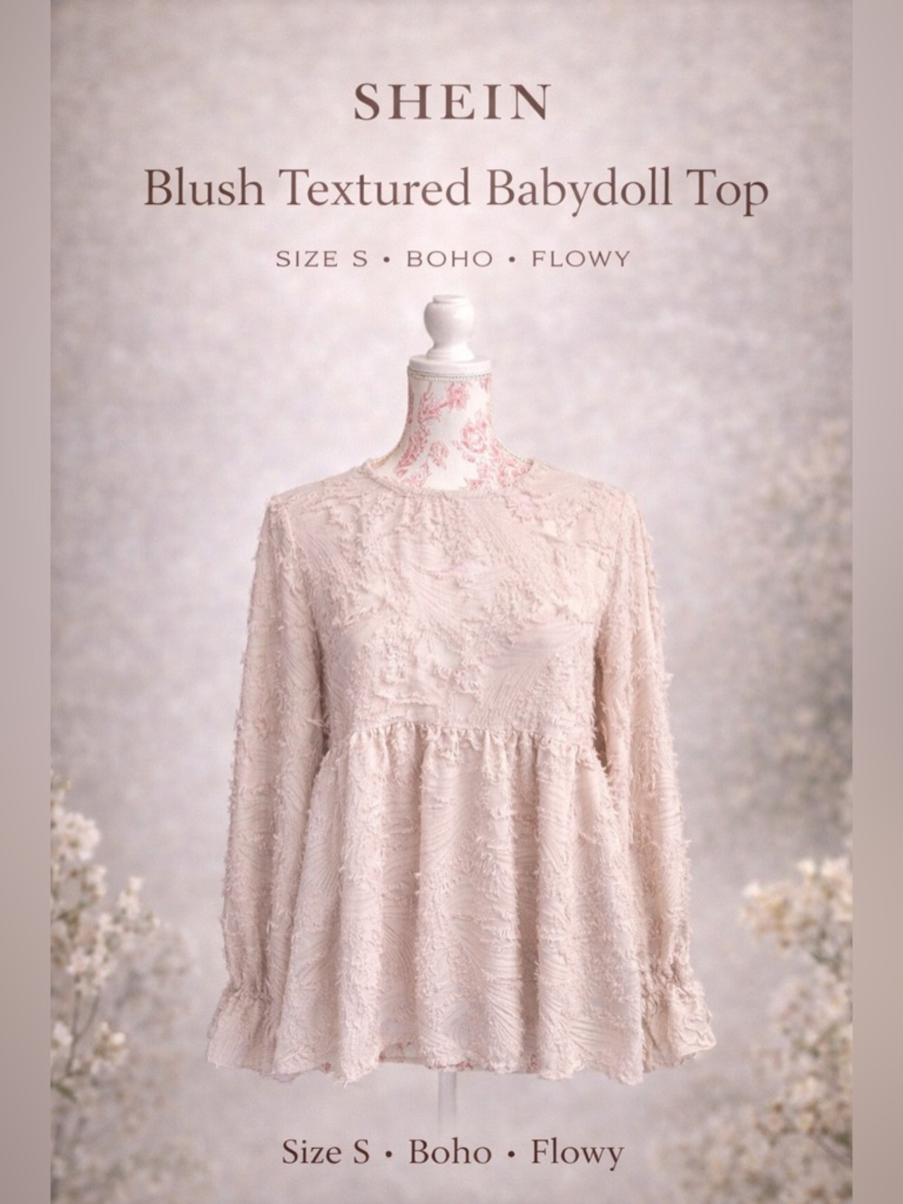 Shein Blush Textured Babydoll Top | Boho Peplum Blouse Size S